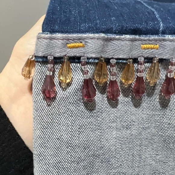 Vtg Y2K Womens Blue Fringe Gems Capri Crop Denim Jeans 8 Hamilton Dungaree - Picture 11 of 13